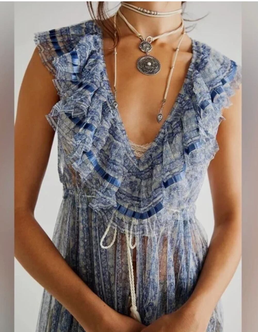 NWOT Free People In Paris Sheer Open Front Maxi Top | Blue/Combo | Size Small